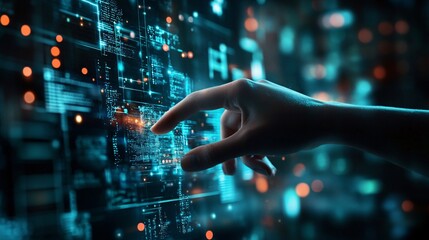 Poster - Software engineer interacting with futuristic holographic interface displaying source code