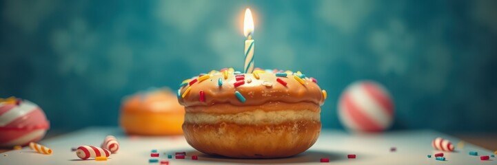 Wall Mural - Delicious birthday donut with colorful sprinkles and candle on a festive table