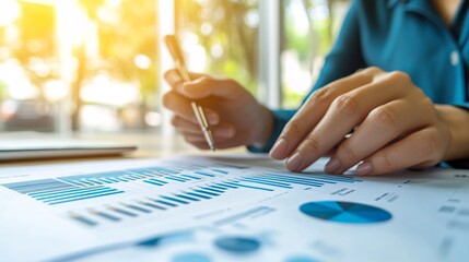 Poster - Businesswoman analyzing financial charts and business data