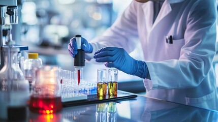 Aufkleber - Scientist using micropipette and test tubes in laboratory experiment