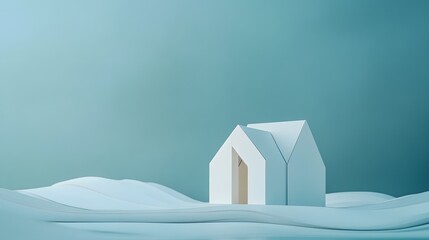 Poster - Minimalist White House on a Blue Undulating Landscape