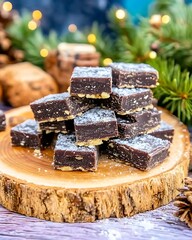 Wall Mural - Delicious chocolate fudge squares dusted with powdered sugar, stacked on a rustic wooden board.