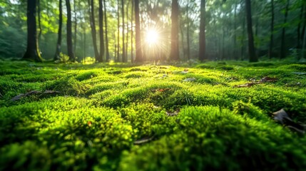 Aufkleber - Lush green moss carpet in a sunlit forest.