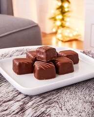 Wall Mural - Delicious chocolate squares on a white plate.