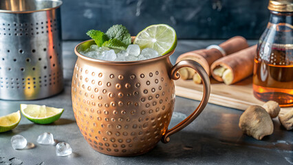 Classic Moscow Mule in a frosty copper mug with refreshing ambiance against a rustic wooden background