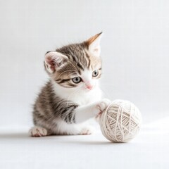 Poster - Kitten joyfully playing with a ball of yarn in a cozy indoor setting during the afternoon. Generative AI