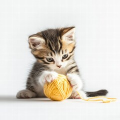 Poster - Cute kitten plays joyfully with a fluffy ball of yellow yarn in a bright room. Generative AI