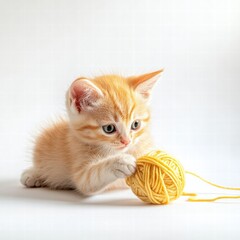 Poster - Cute kitten enjoys playful moments with a yellow ball of yarn in a bright indoor setting during the afternoon. Generative AI