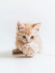 Aufkleber - Cute kitten joyfully playing with a ball of yarn in a bright indoor setting during daytime. Generative AI