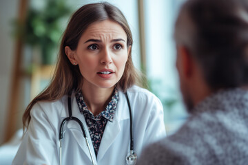 Portrait of female doctor giving advice to a patient in modern clinic.