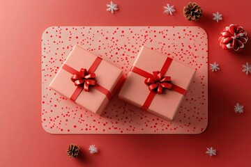 Wall Mural - Christmas-themed bath towels with holiday designs, 3d illustration of two light red gift boxes with bows and ribbons, isolated on light red background