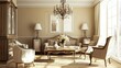 © pook - Elegant living-dining room with classic furniture, ornate chandeliers, and a warm beige color palette.'