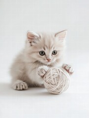 Aufkleber - Cute kitten joyfully playing with a ball of yarn on a soft light background in a cozy indoor setting. Generative AI