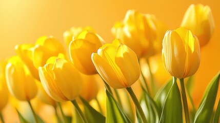 Aufkleber - A cascade of bright yellow tulips on a warm golden background, detailed close-up shot, Minimalist style