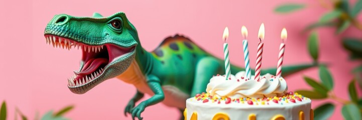 Wall Mural - Colorful dinosaur toy roars near birthday cake with candles against vibrant pink backdrop