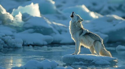 Canvas Print - Arctic wolf howling on ice floe, sunset.