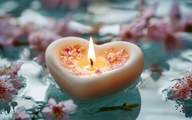 A luxury candle in a heart-shaped holder with romantic fragrance for valentines day