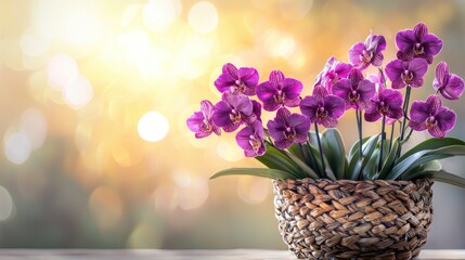 Poster - Purple orchids in a wicker basket, sunlit background.