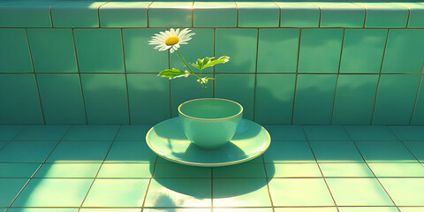 Wall Mural - Daisy in a Teal Cup on Green Tiles, Sunlit Scene