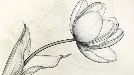 Wall Mural - Elegant grayscale line art tulip on a soft background.