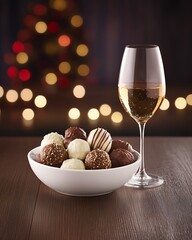 Wall Mural - Festive chocolates and white wine on wooden table with bokeh lights.