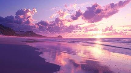 Canvas Print - Serene sunset over a tranquil beach with pink and purple hues reflecting on the calm ocean.