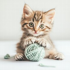 Aufkleber - Cute kitten joyfully playing with a soft ball of yarn in a cozy indoor setting during afternoon light. Generative AI