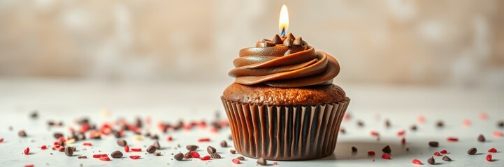 Wall Mural - Chocolate cupcake with frosting and decorative sprinkles on a table