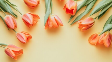 Aufkleber - A cluster of fresh orange tulips on a pale yellow background, close-up shot, Minimalist style