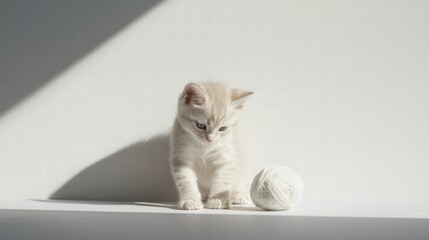 Poster - Cute kitten plays with a fluffy ball of yarn in a bright, minimalist room during the afternoon. Generative AI