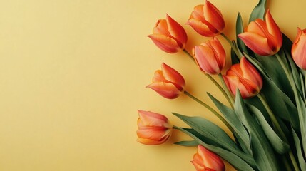 Aufkleber - A cluster of fresh orange tulips on a pale yellow background, close-up shot, Minimalist style