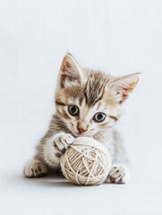 Aufkleber - Cute kitten enjoying playful moments with a fluffy ball of yarn indoors during daylight. Generative AI