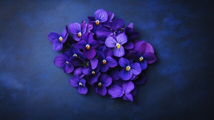 Fototapete - A cluster of vibrant purple violets on a cool indigo background, natural close-up shot, Minimalist style