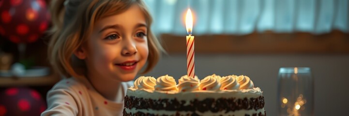 Wall Mural - Young girl joyfully celebrating her birthday with a cake and a lit candle in a cozy indoor setting during the evening