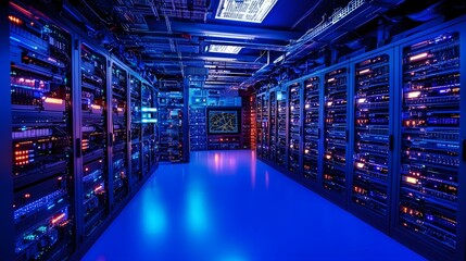 Poster - Illuminated Server Room With Extensive Network Equipment