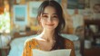 © 楠 刘 - Young woman happily showing her colorful drawing in a bright and beautiful room. The cheerful atmosphere reflects creativity, joy, and the passion of art, with vibrant colors and positive energy.