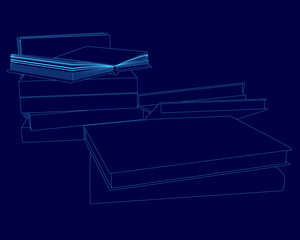 Poster - Stack of books is shown in a blue background. The books are stacked on top of each other, with the top book being the largest. Concept of organization and order