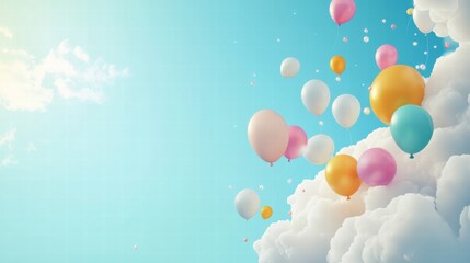 Poster - Colorful cluster of balloons floating gracefully in a bright blue sky during sunny daytime. Generative AI