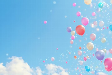 Poster - Colorful balloons floating against a bright blue sky create a cheerful and festive atmosphere on a sunny day. Generative AI