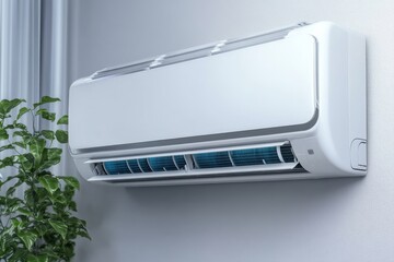 Sticker - Modern air conditioning unit installed on a white wall with a green plant nearby