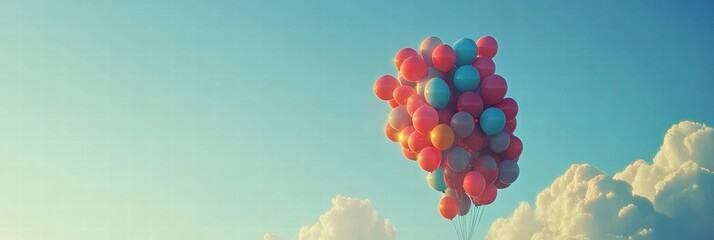 Poster - Colorful cluster of balloons floating against a vibrant blue sky on a sunny day. Generative AI