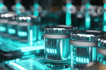 Poster - Modern lab features blue-lit transparent vials in a high-tech setting