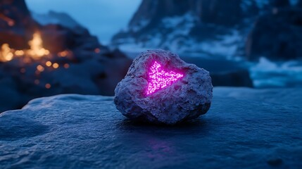 Canvas Print - Glowing pink triangle symbol inside a rock at night.