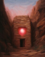 Canvas Print - Glowing portal in ancient stone structure within a canyon.