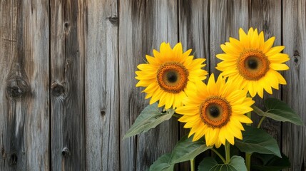 Poster - A dynamic composition of vibrant yellow sunflowers against a rustic wooden barn backdrop, angled shot, Rural style