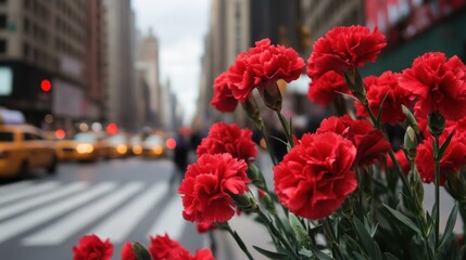 Poster - A dynamic display of red carnations against a bustling city street, angled shot, Urban style