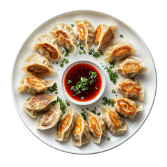 Traditional dumpling momos food from Nepal served with tomato chutney in plate isolated