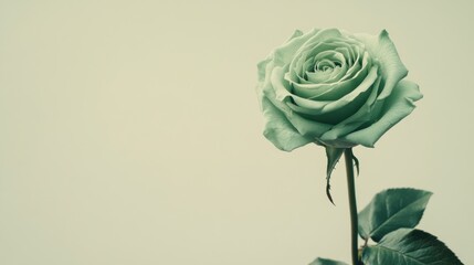 Poster - A lone pastel green rose isolated against a light taupe background, close-up shot, Minimalist style