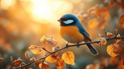 Wall Mural - Vibrant Blue and Orange Bird Perched on a Branch Surrounded by Autumn Leaves and Soft Sunlight, Capturing a Tranquil Moment in Nature's Splendor