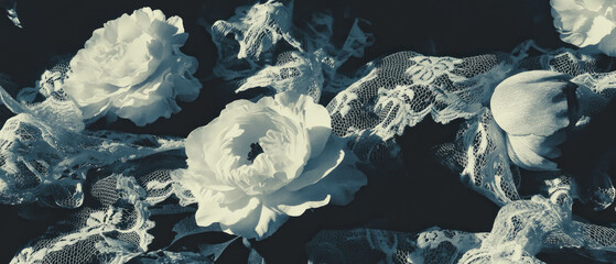 Poster - Intricate lace design overlay featuring delicate floral elements on a dark background